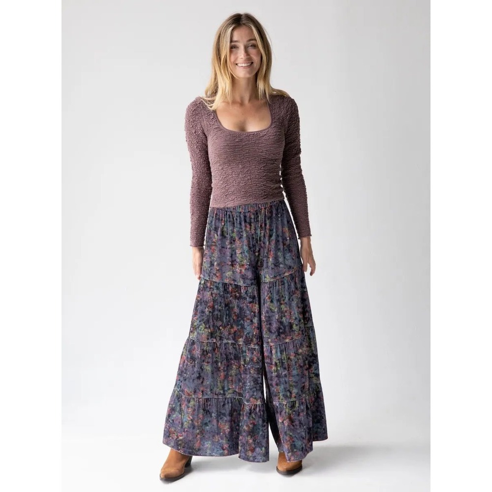 Natural Life Patti Velvet Palazzo Pant Watercolor Indigo Floral Women L NWT Boho